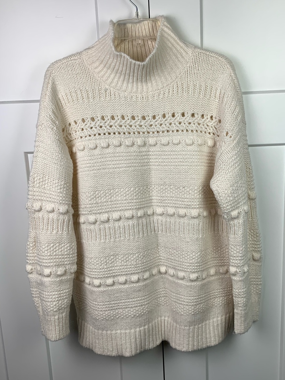 Lou & Gray Chunky Knit Sweater L Ivory Fisherman Popcorn Textured Boho Mock Neck